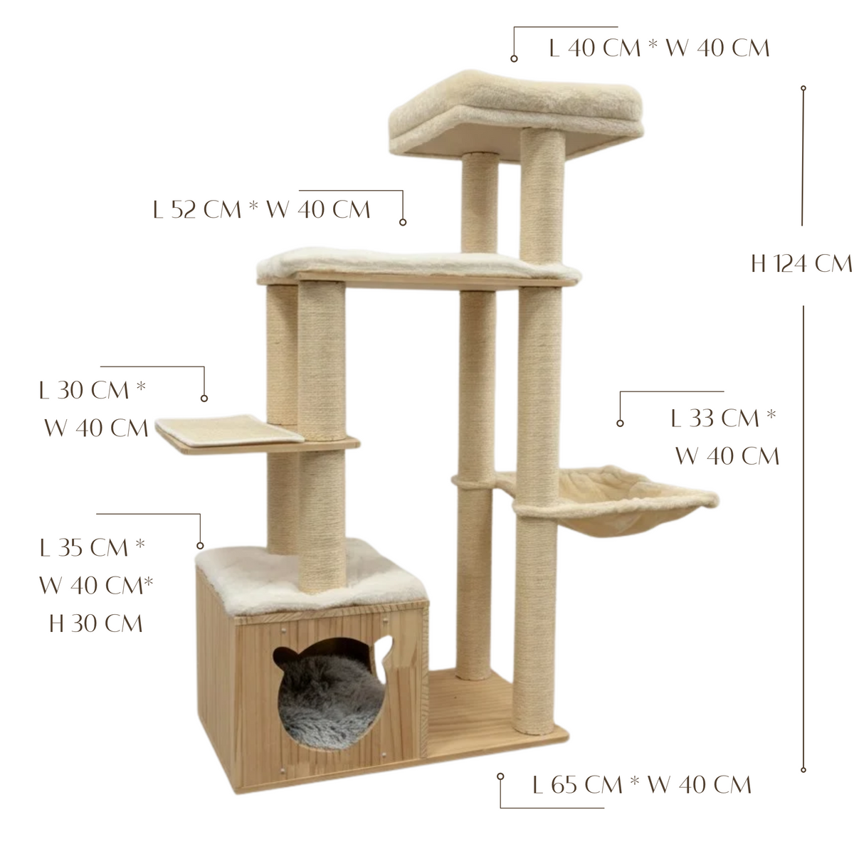 Dimensiuni ansamblu pentru pisici NORDIC PINE – Meraki Home, cu inaltimea totala si dimensiunile casutei, platformelor si hamacului.