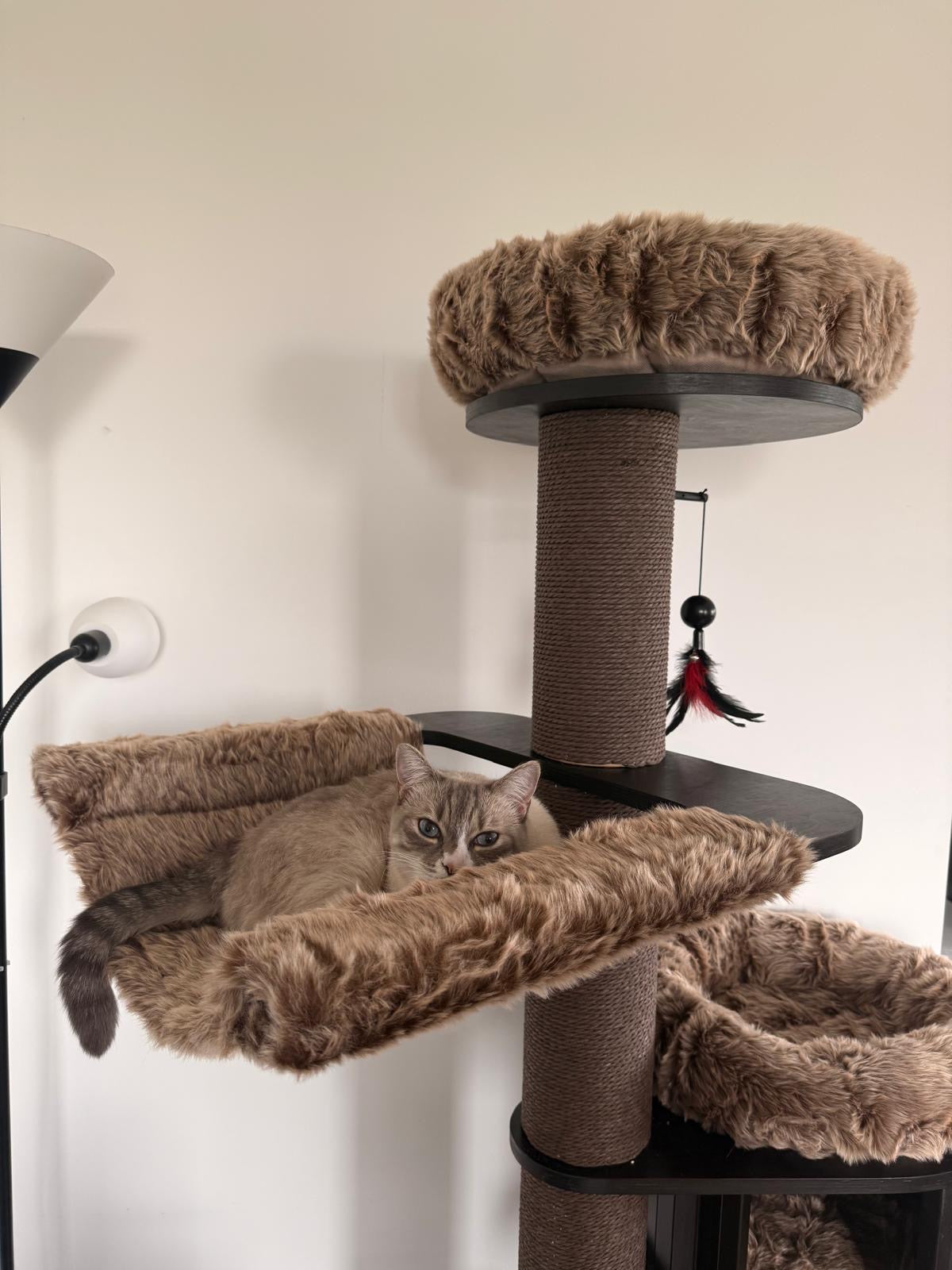 Ansamblu pentru pisici ESPRESSO CLOUD LARGE – Meraki Home, cu hamac pufos, platforme de catarat si culcusuri moi in nuante maro.