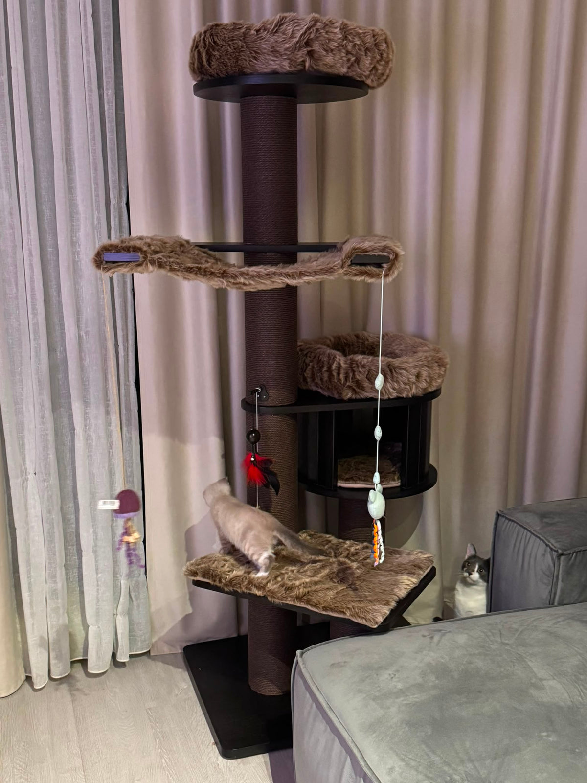 Ansamblu pentru pisici ESPRESSO CLOUD LARGE – Meraki Home, cu stalpi inalti de zgariat, hamac, culcusuri pufoase si casuta cilindrica.