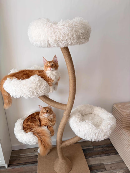 Doua pisici roscate Maine Coon relaxate in culcusurile pufoase ale ansamblului DAISY CANOPY – Meraki Home, cu structura metalica.