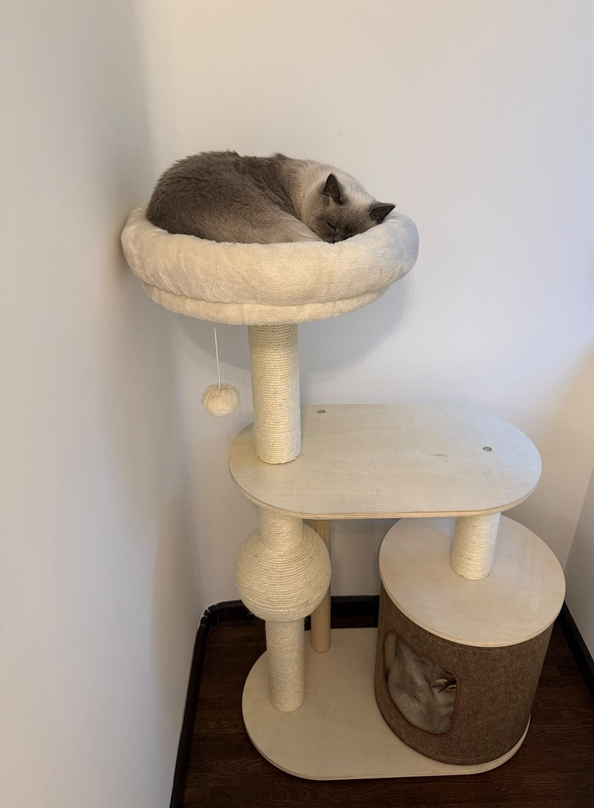 Pisica dormind in patul rotund si moale al ansamblului IVORY HAVEN – Meraki Home, cu platforme de catarat si stalpi din sisal.