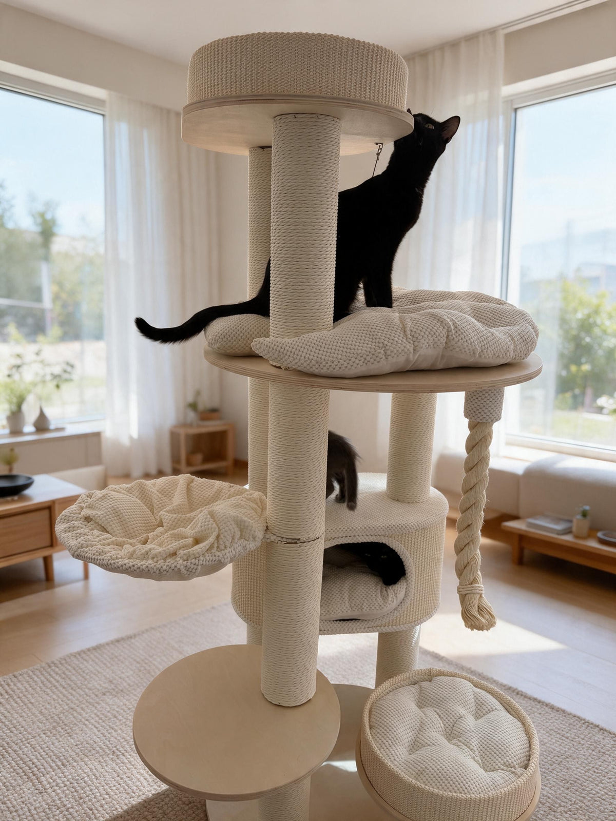 Pisica neagra catarandu-se pe ansamblul IVORY LOFT TOWER – Meraki Home, cu platforme la diferite inaltimi si stalpi de zgariat.