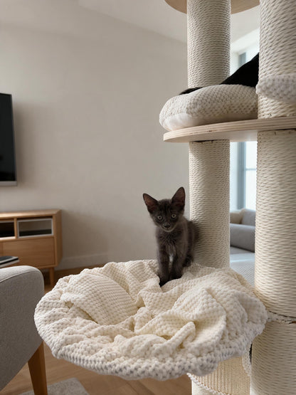 Pisica asezata in culcusul suspendat al ansamblului IVORY LOFT TOWER – Meraki Home, cu margini moi si stalpi din sisal.