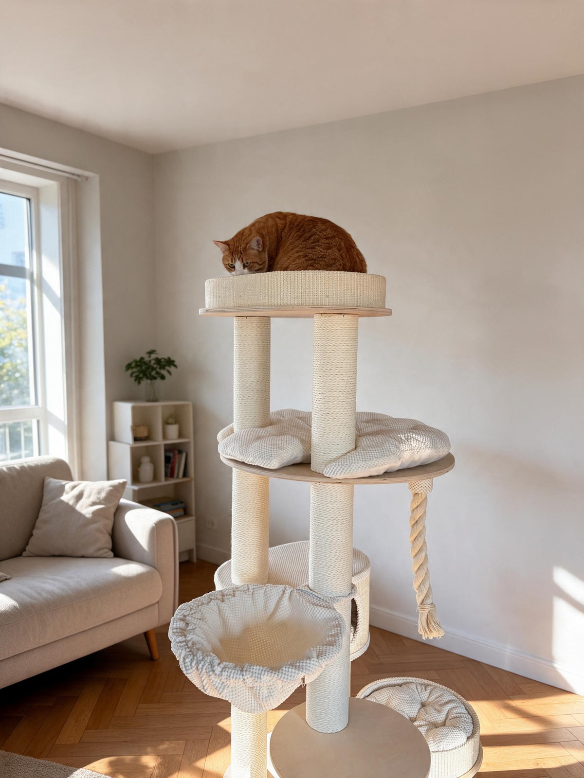 Ansamblu de joaca pentru pisici IVORY LOFT TOWER – Meraki Home, in nuante de ivory, cu hamace, platforme si culcusuri pufoase, intr-un living luminos.
