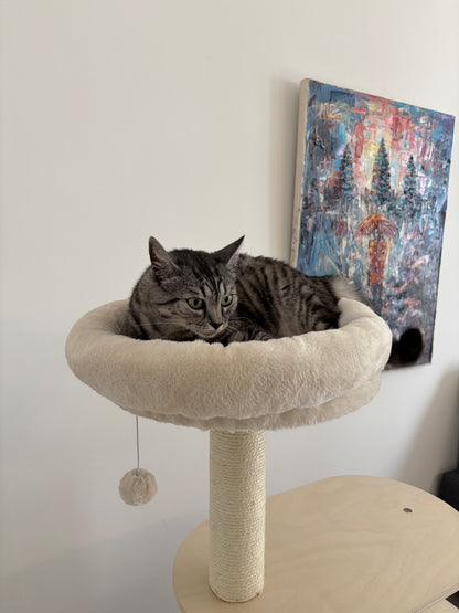 Pisica relaxata in culcusul pufos din partea superioara a ansamblului IVORY HAVEN – Meraki Home.